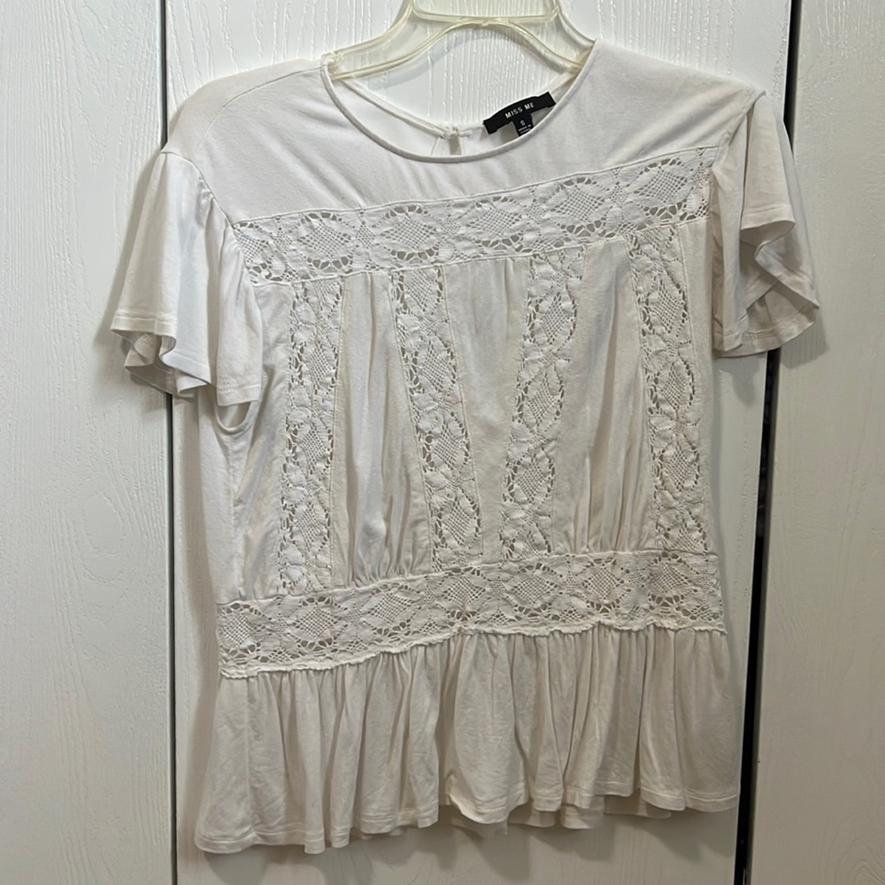 Miss Nice size small white short sleeve BoHo hippie top lace eyelet ruffle
